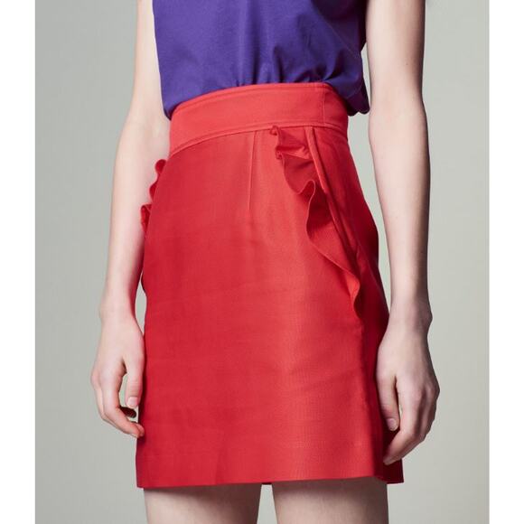 Sandro Ruffled High Waisted Mini Pencil Skirt Scarlet Red Women's Junior Size 1 - Picture 1 of 8